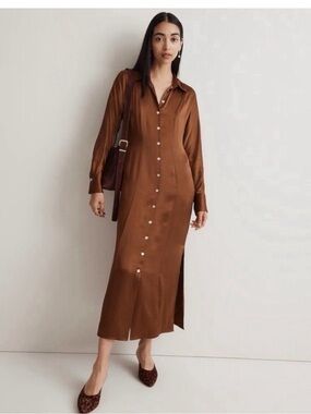 Madewell Brown Satin Button-Front Maxi Dress